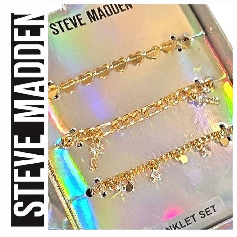 Steve‎ Madden 3-PC Heart,  Key & Rhinestone Droplet Anklet Set